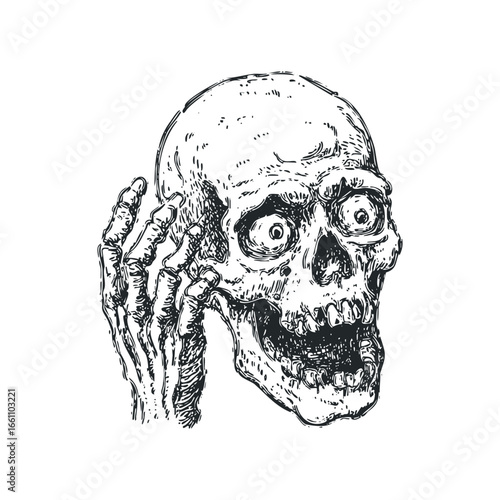Distressed Skull Hand Gesture in Scratchboard Style
