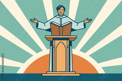 Priest reading scripture with open bible on podium, conveying devotion, faith, and spiritual guidance.