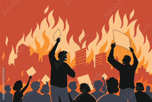Angry protest crowd burning tax documents in a chaotic street scene, flat design, bold colors.