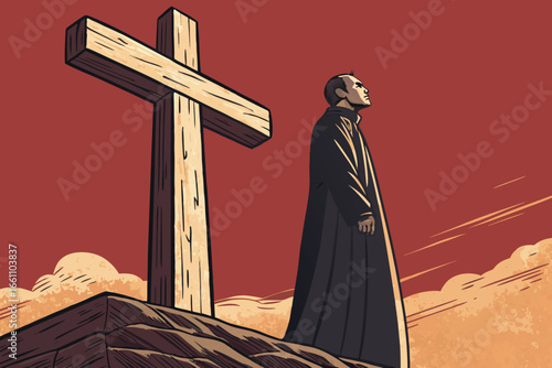 A solemn priest stands before a colossal, weathered wooden cross, sunlight filtering through.