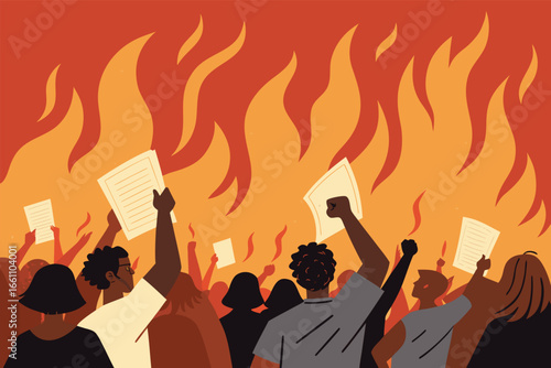 Protestors defiantly incinerate tax documents, representing economic injustice. flat, bold, graphic, co.