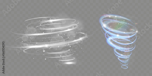 Magic glowing spiral tornado vortex with light swirl and sparkles on transparent background.
