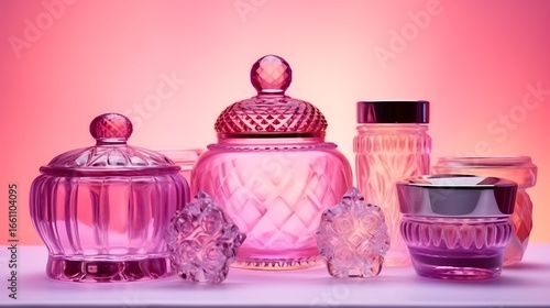 Colorful glass decorative pieces and cosmetic jars arranged artistically on a transparent display, with a pink background highlighting the translucent nature of the glass. Full frame .