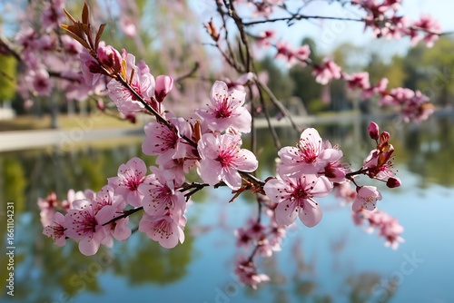 Delicate pink cherry blossoms bloom vibrantly against a soft blue sky and tranquil lake reflecting nature's beauty