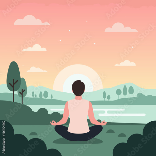 Woman Meditating Outdoors in Nature with Sunset Sky and Hills