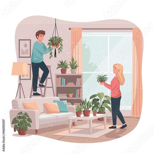 Man and Woman Cleaning Living Room at Home Together