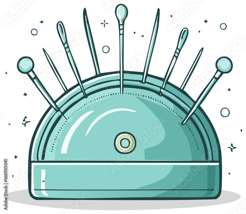 Stylized illustration of a pin cushion with needles, sewing concept.