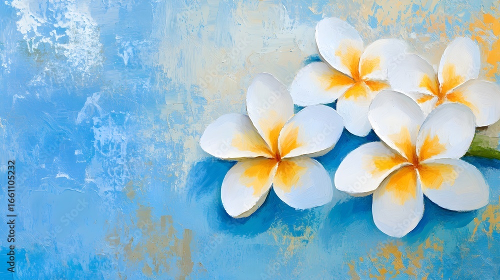 Fototapeta premium White Plumeria Blossoms Oil Painting Impasto Style Blue Background