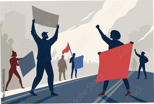 Protesters block road, holding bold flat banners with social justice demands and messages.