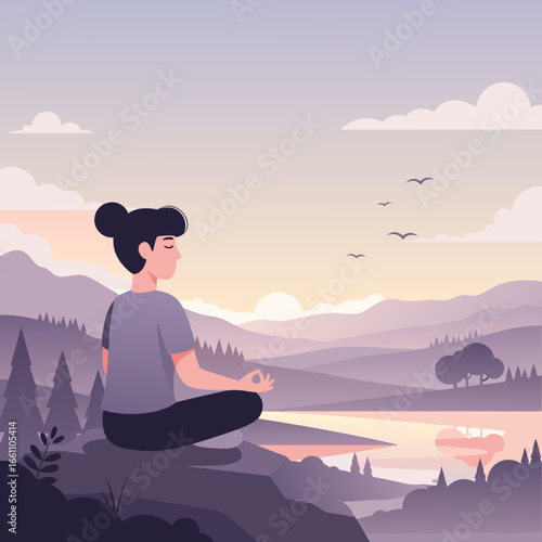 Woman Meditating Outdoors in Nature with Mountains and Sunset