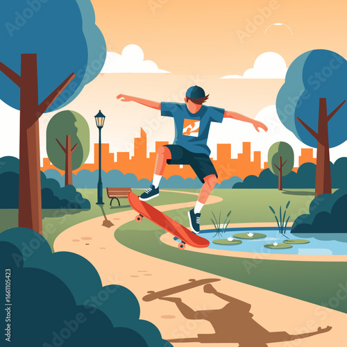 Young Man Skateboarding in Urban Park with Trees and Buildings