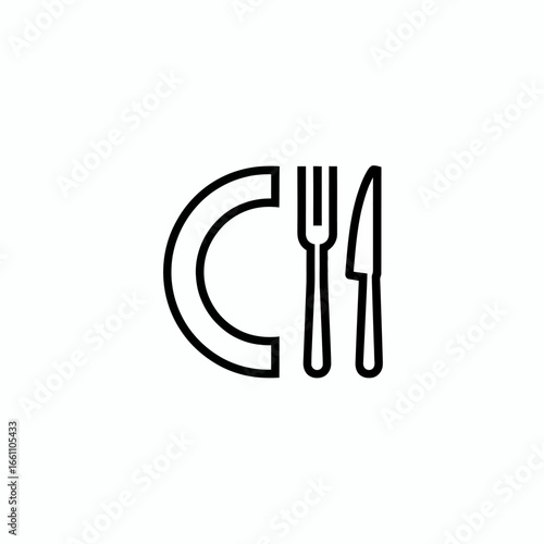 Minimalist restaurant logo with fork knife and plate outline for culinary business branding identity symbol catering service design and food industry concept