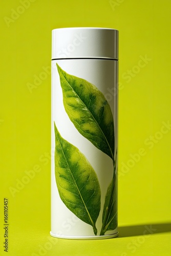 Wallpaper Mural White tumbler with two large green leaf design, set against yellow background Torontodigital.ca