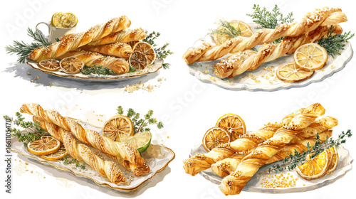 Bright watercolor illustration of lemon pastry twists with zest, sugar, and herbs on elegant plates. Perfect for bakery packaging, dessert menus, or cozy breakfast design projects.