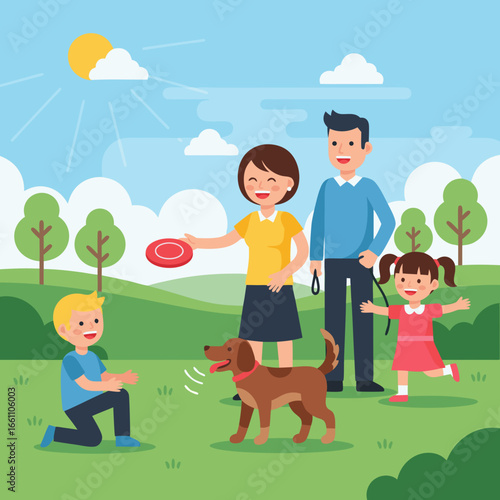 Family playing with frisbee together in outdoor park on sunny day