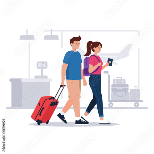 Couple walking with luggage at airport departure hall