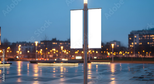 Blank double street banner mockup on lamp post at night