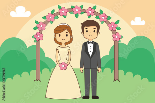 Bride groom wedding ceremony floral arch vector