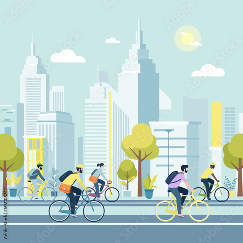 Cyclists riding bicycles on city road with modern skyscrapers in background