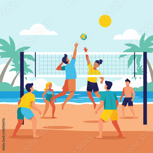 Group of friends playing beach volleyball under bright sunny sky