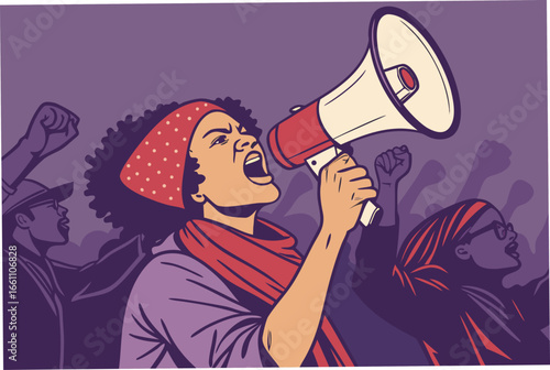 A determined protester, face contorted, shouts into a megaphone, a symbol of impassioned civic engagement and public outcry, conveying a powerful message of dissent and urgency.