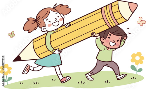 Playful cartoon kids illustration with giant oversized pencil, vector art of children carrying huge stationery items symbolizing education, study, creativity and learning process