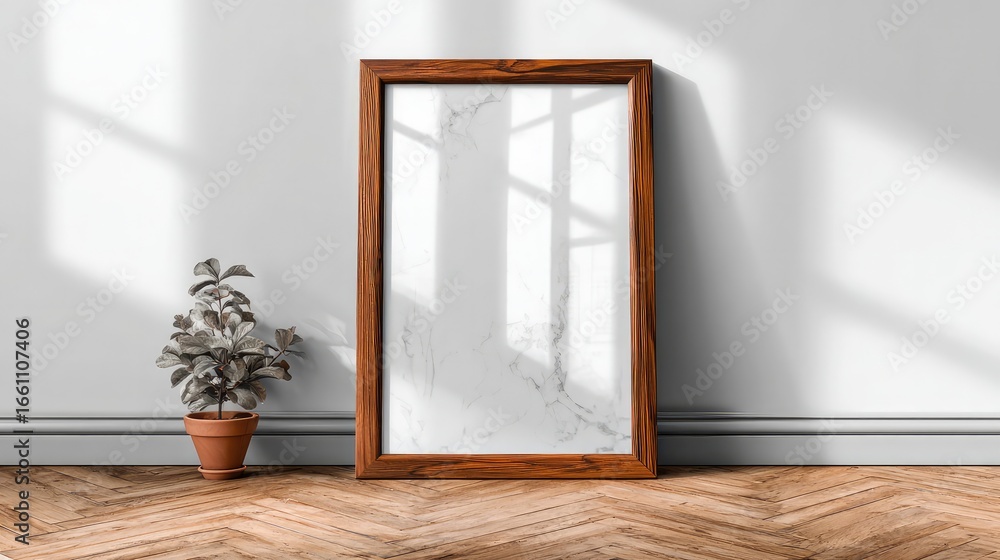 Fototapeta premium Empty wooden frame on oak floor, morning light casting shadows. Minimalism and space for imagination.