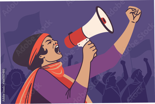 A determined protester shouts emphatically into a bold, flat design megaphone, embodying passion and civic engagement.