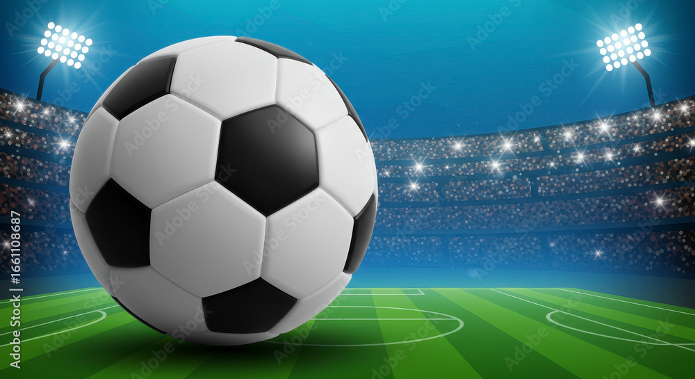 Obraz premium Exciting Football Match Under Stadium Lights with a Classic Ball on the Field