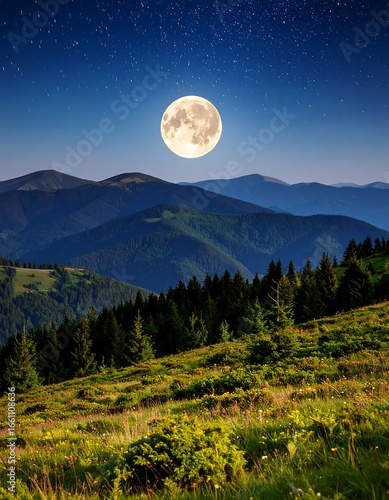 Night mountainscape, full moon, starry sky