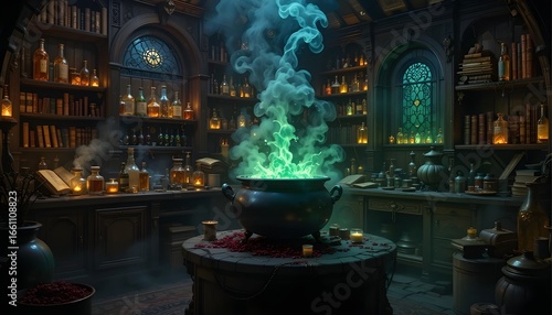 A witch’s laboratory with glowing bubbling cauldron, floating potion bottles, shelves stacked with spell books, smoky atmosphere, magical lighting, ultra-detailed fantasy style.