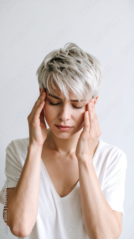 Fototapeta premium Woman, headache, indoors, portrait, pain, hands