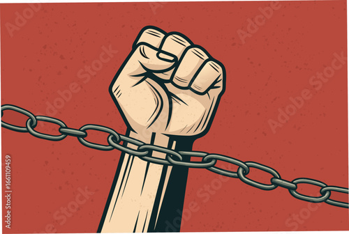 A powerful image of a raised hand dramatically breaking a chain, symbolizing liberation and defiance against oppression.