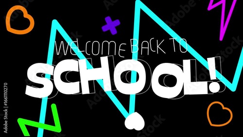 Back to school banner. Back to school text. Back to school poster with colorful shapes on background. Back to school template with text and colorful background.