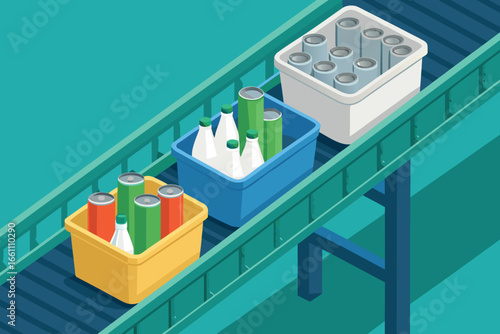 Automated recycling plant conveyor sorting plastic bottles, aluminum cans, glass, paper, cardboard, metal, waste management, material recovery facility, sorting line.