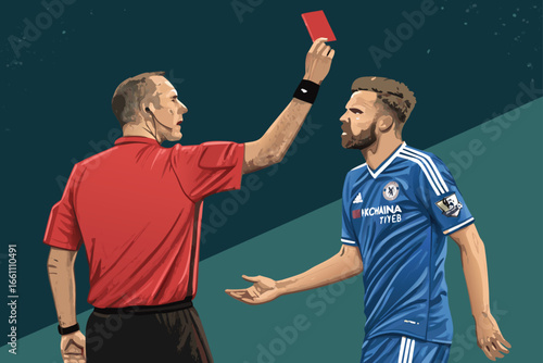Referee aggressively showing red card to a frustrated player during intense football match confrontation.
