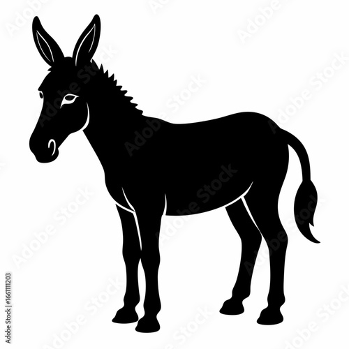 Black silhouette of a donkey standing isolated on white background