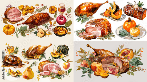 Watercolor illustration of roasted meats with pumpkins, fruits, and herbs, evoking a cozy autumn feast. Perfect for holiday menus, Thanksgiving posters, or seasonal food design projects.