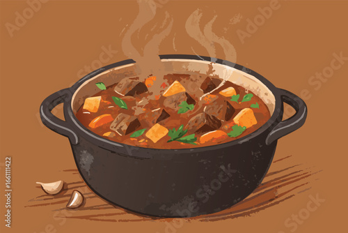 Hearty, slow-cooked rich beef stew, simmering in a rustic stoneware pot, exuding inviting steam, ready to savor.