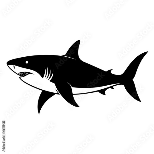 Black silhouette of a great white shark isolated on white background