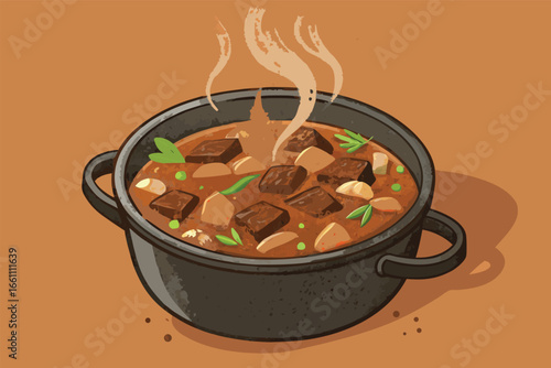Rich, hearty beef stew simmering in a rustic earthenware pot, steam rising invitingly, garnished with fresh herbs.