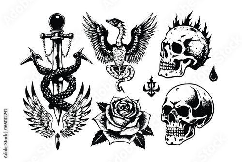 Vintage Tattoo Halftone Illustrations. Old School Vector Set with Skull, Rose, Dagger, and Snake
