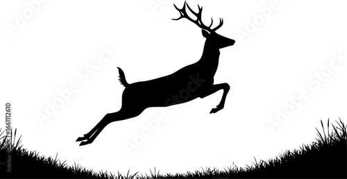 a black and white silhouette of a deer leaping, black and white vector art, minimalist vector art, simple illustration