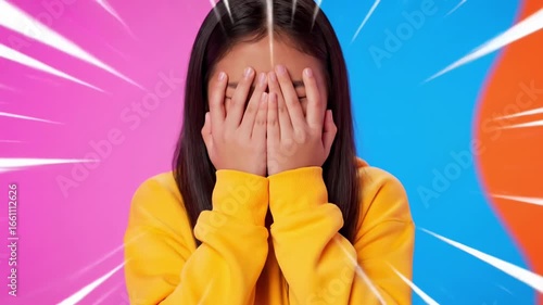 Young woman expresses surprise and confusion looking upwards against a vibrant, abstract background, conveying dynamic emotional reactions.