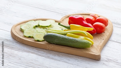 Fresh vegetables arranged in a heart shape on a vintage wooden cutting board with rustic charm.
