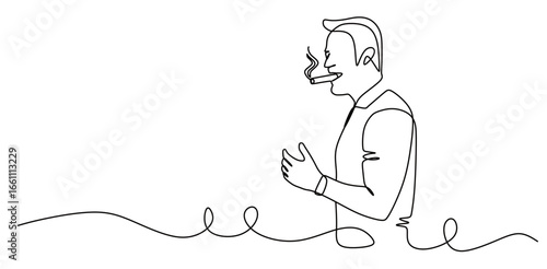 Continuous line art of a man smoking. The concept of calming down and finding ideas. Taking a break outside of work hours.