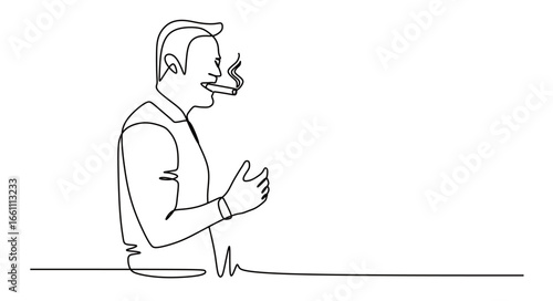 Continuous line art of a man smoking. The concept of calming down and finding ideas. Taking a break outside of work hours.