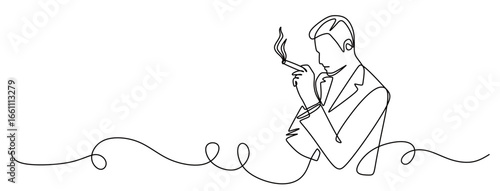 Continuous line art of a man smoking. The concept of calming down and finding ideas. Taking a break outside of work hours.