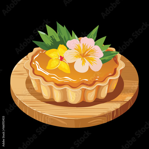 Delicious Pineapple Tart with White Tropical Flowers and Pineapple Slices - Vector Illustration