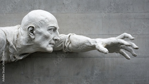 Marble sculpture of a man reaching forward from a wall